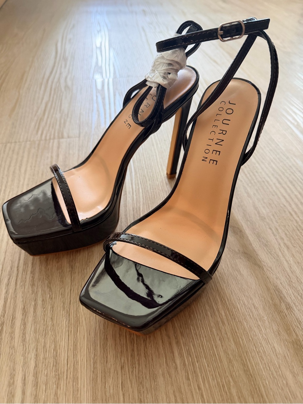 Journee Collection Brown Patent Platform Ankle-Strap Heels